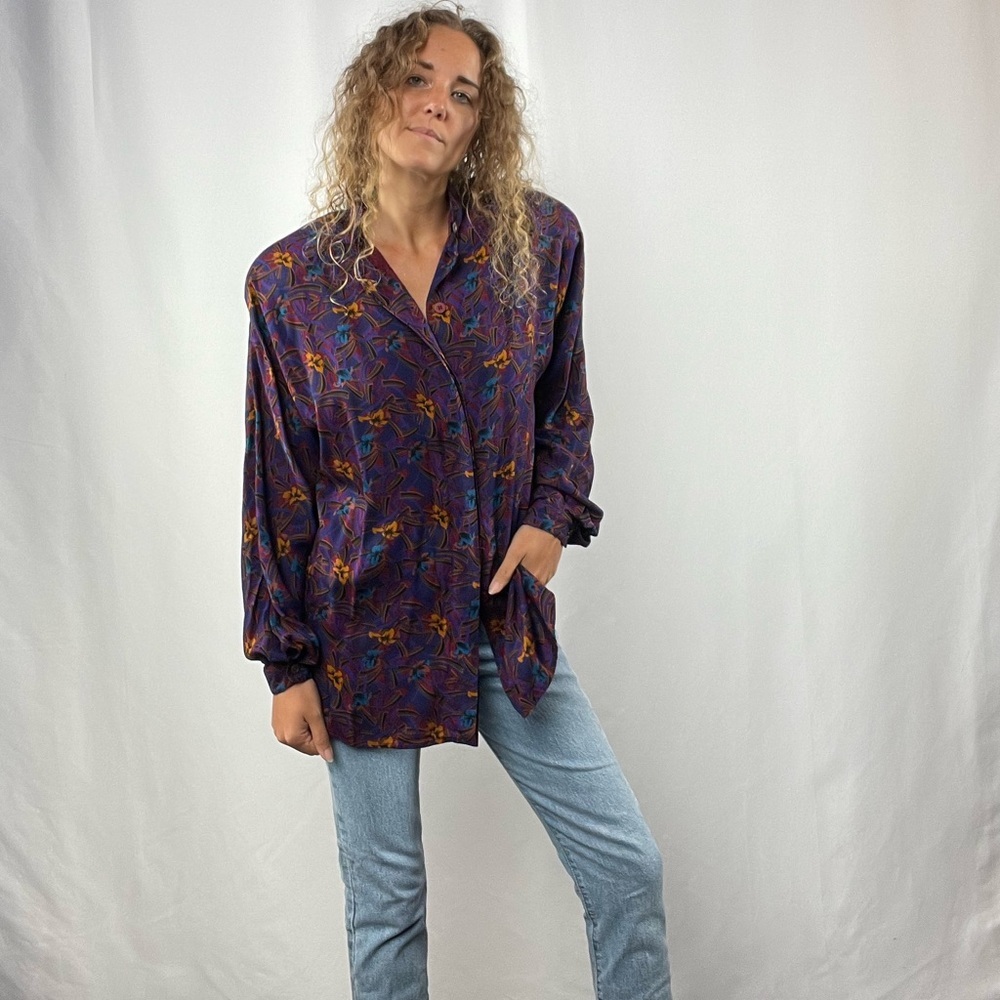 Vintage Christian Dior 80's Pattern Button Up in Purple Multi Size 8 - Picture 2 of 9